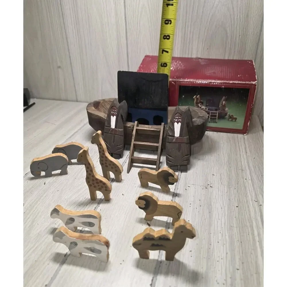 Vtg Hand Crafted Wooden Noah's Ark Set Ark Animals Noah Missing 1 Giraffe W/Box